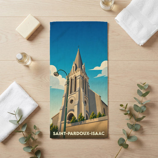 Serviette de bain souvenir de la ville de Saint-Pardoux-Isaac avec une illustration stylisée de son église.