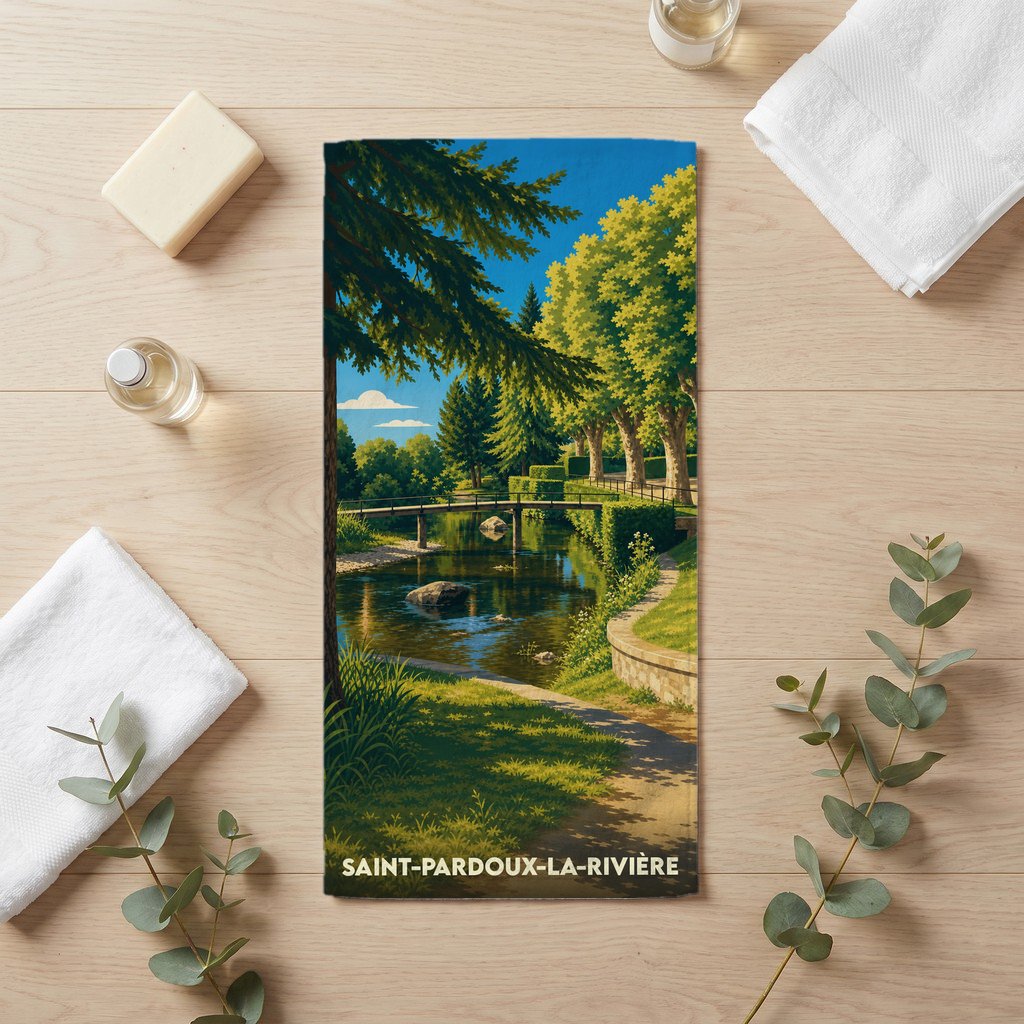 Serviette de bain souvenir de Saint-Pardoux-la-Rivière avec une illustration stylisée de son paysage riverain.