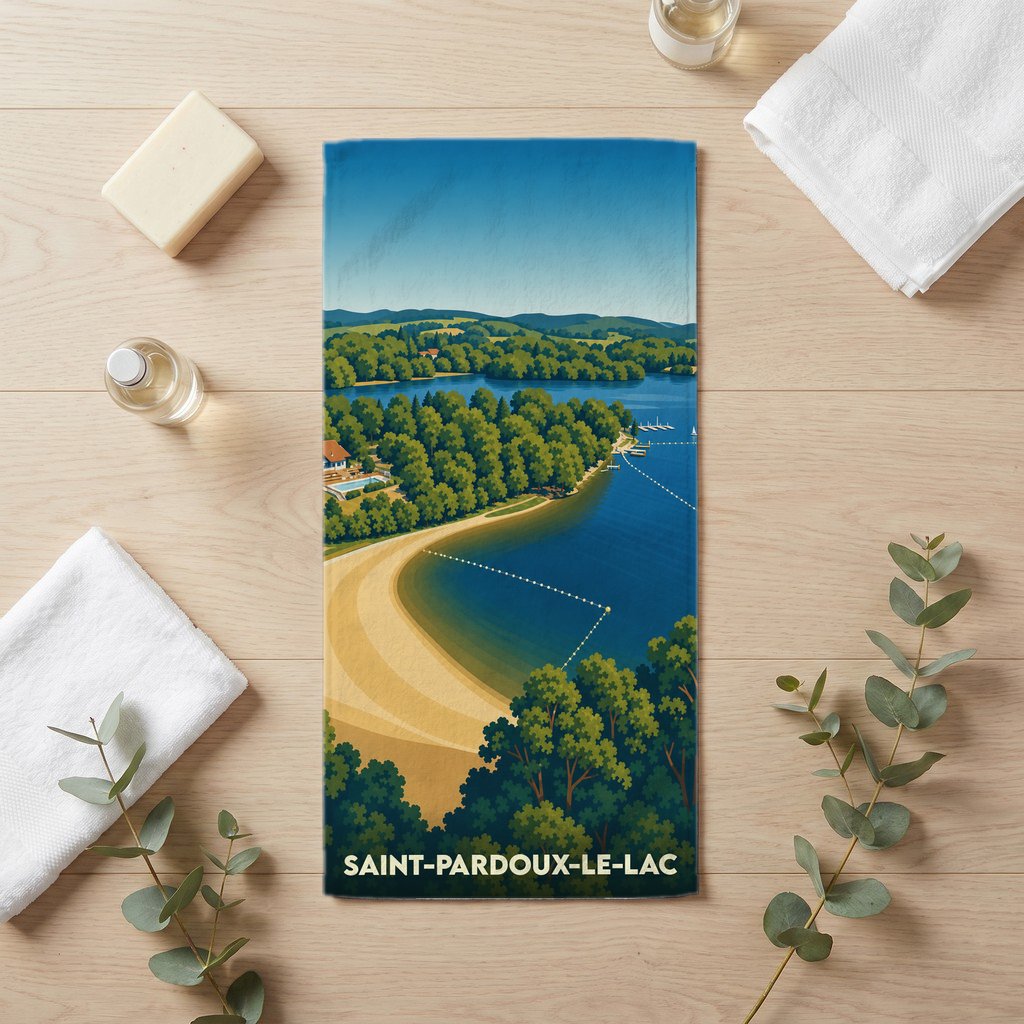 Serviette de bain souvenir de Saint-Pardoux-le-Lac avec une illustration stylisée de sa plage et de son lac.