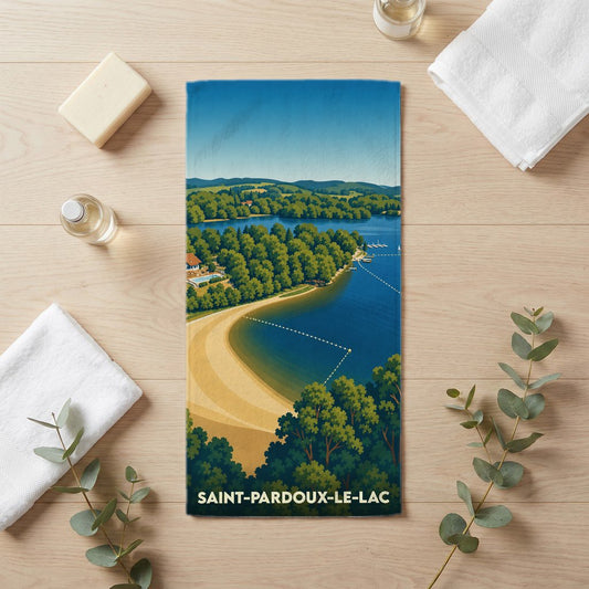Serviette de bain souvenir de Saint-Pardoux-le-Lac avec une illustration stylisée de sa plage et de son lac.