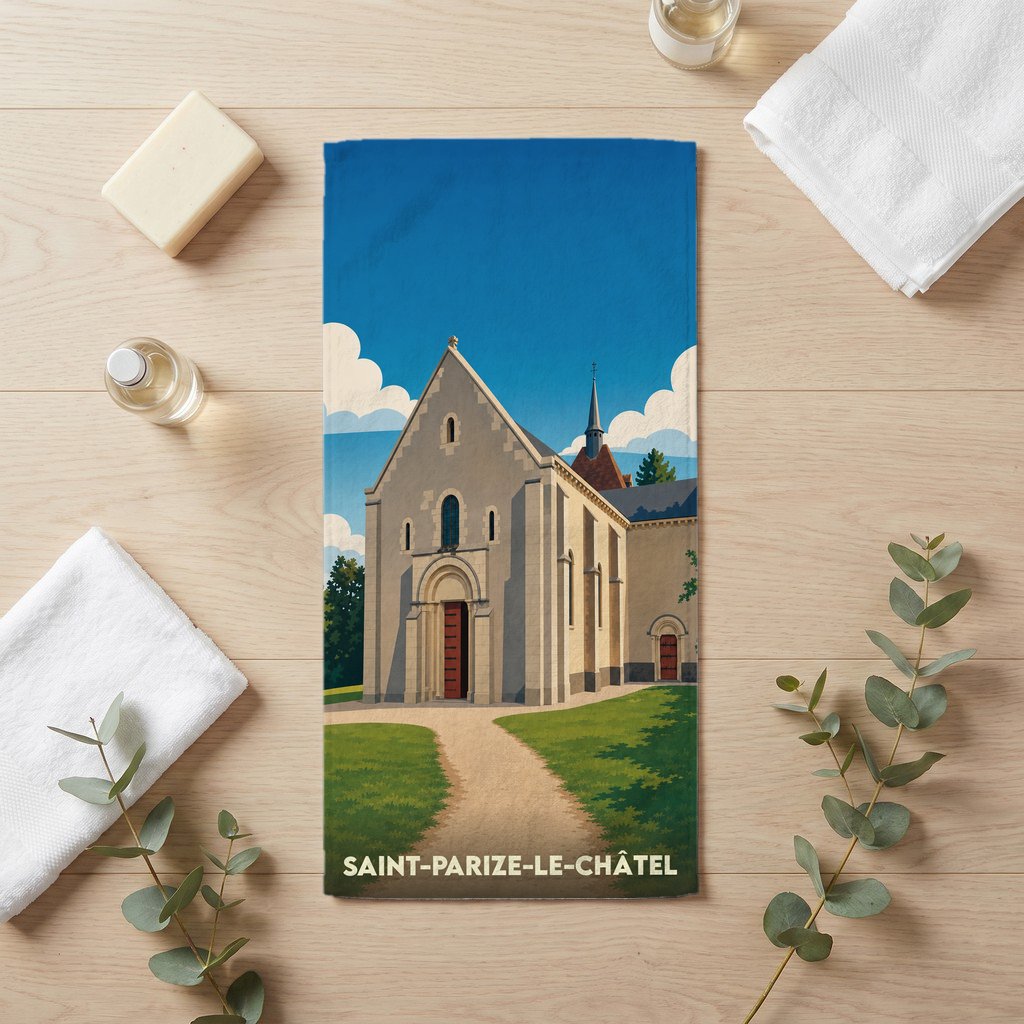 Serviette de bain souvenir de Saint-Parize-le-Châtel illustrant l'église du village dans un style épuré.