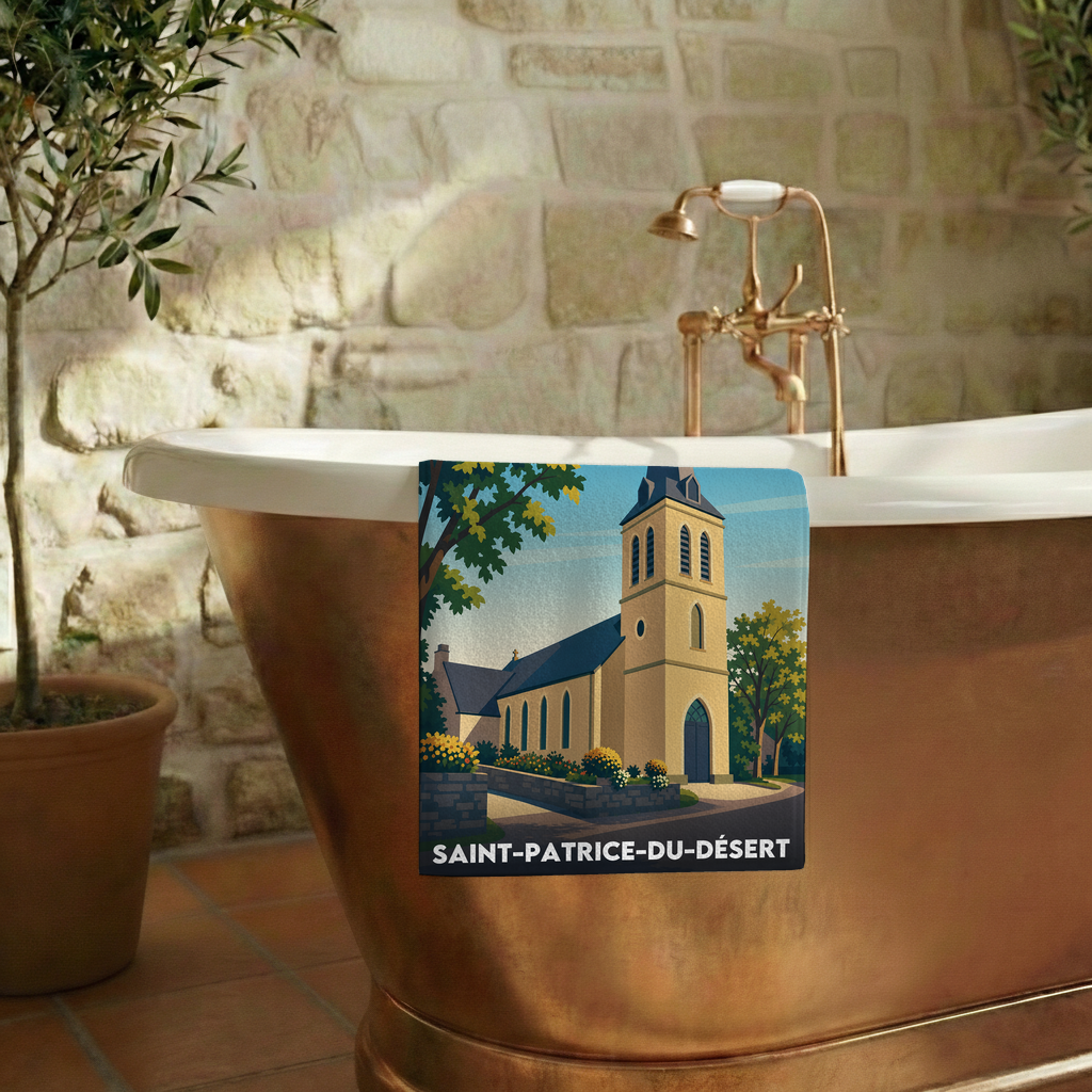 Serviette de bain souvenir de la ville de Saint-Patrice-du-Désert avec une illustration stylisée.