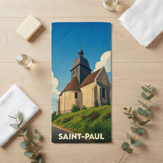 Serviette de bain souvenir de la ville de Saint-Paul avec une illustration stylisée de son église.
