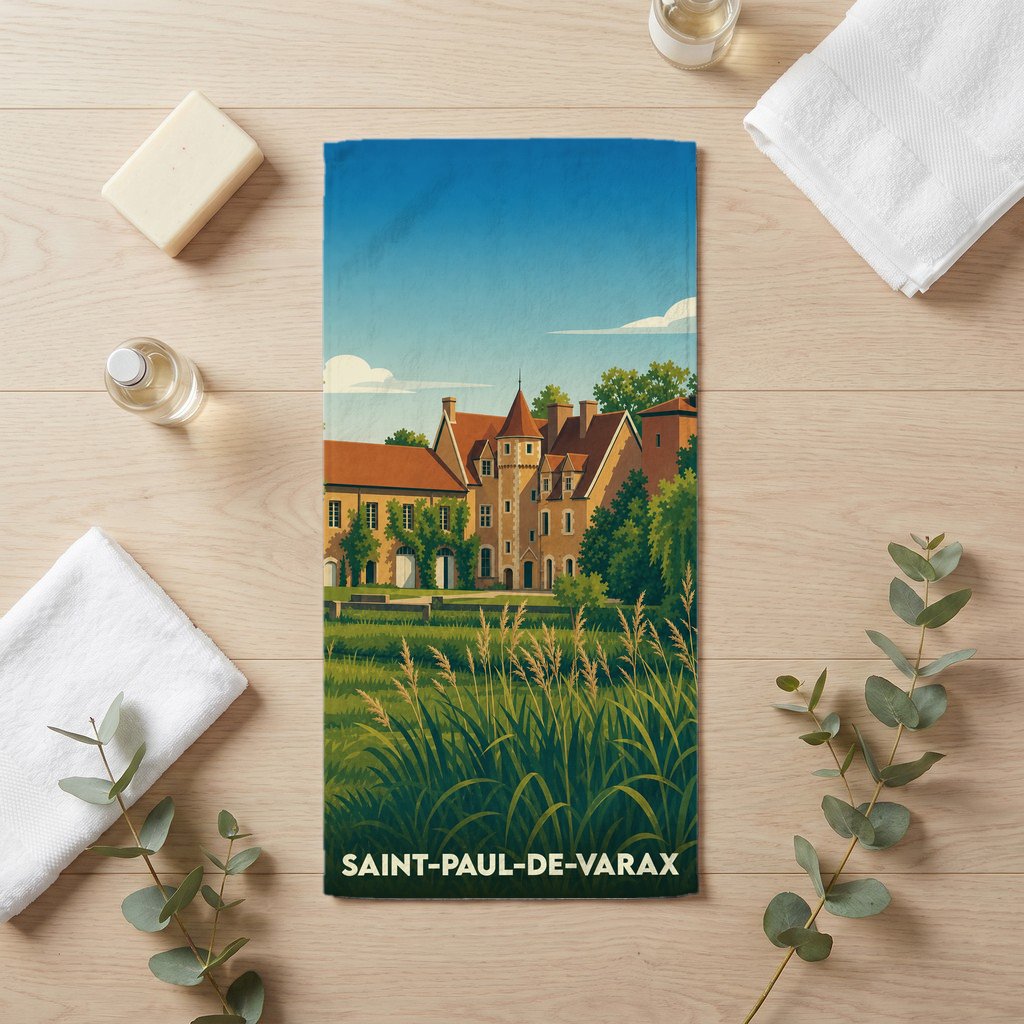 Serviette de bain souvenir de Saint-Paul-de-Varax illustrant un château entouré de verdure dans un style vintage.
