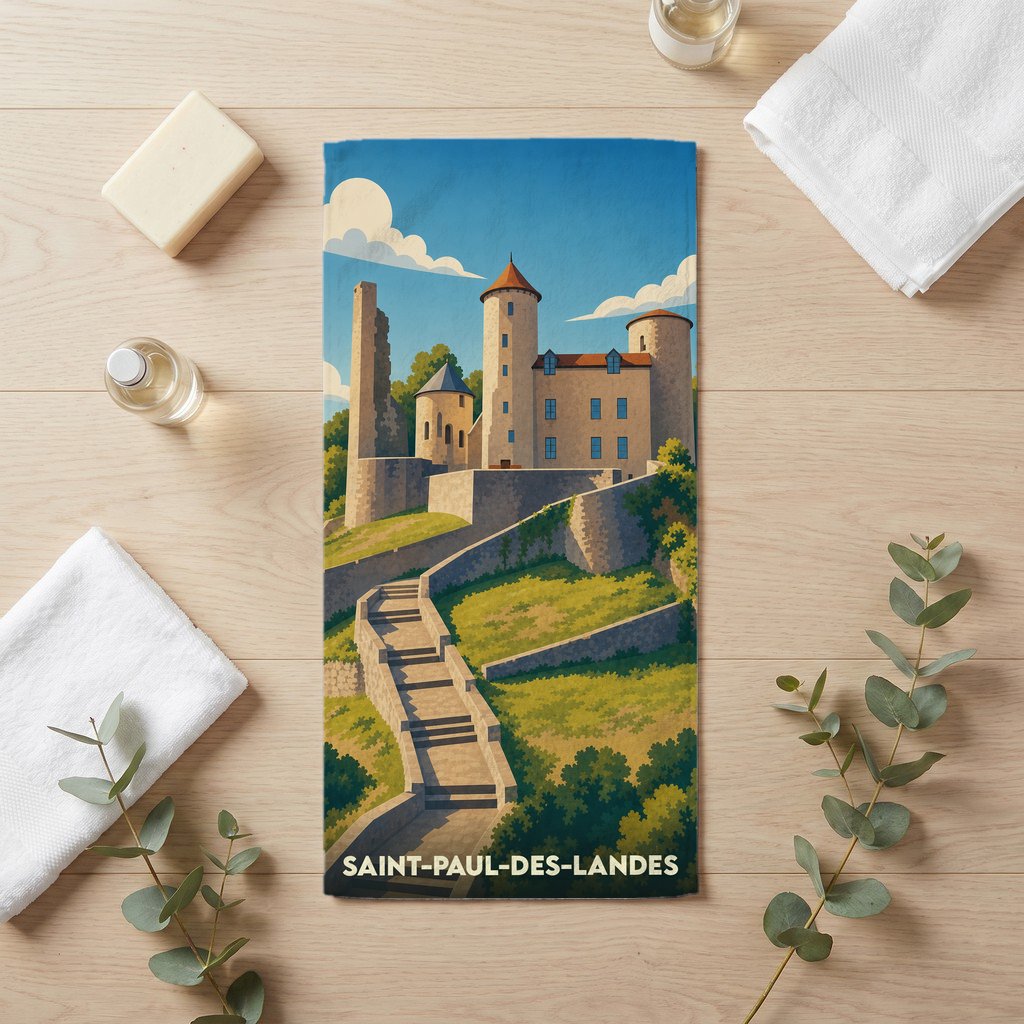 Serviette de bain souvenir de Saint-Paul-des-Landes illustrée d'un château médiéval stylisé.