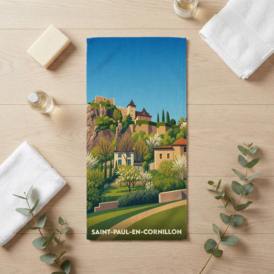 Serviette de bain souvenir de Saint-Paul-en-Cornillon avec une illustration stylisée du village.
