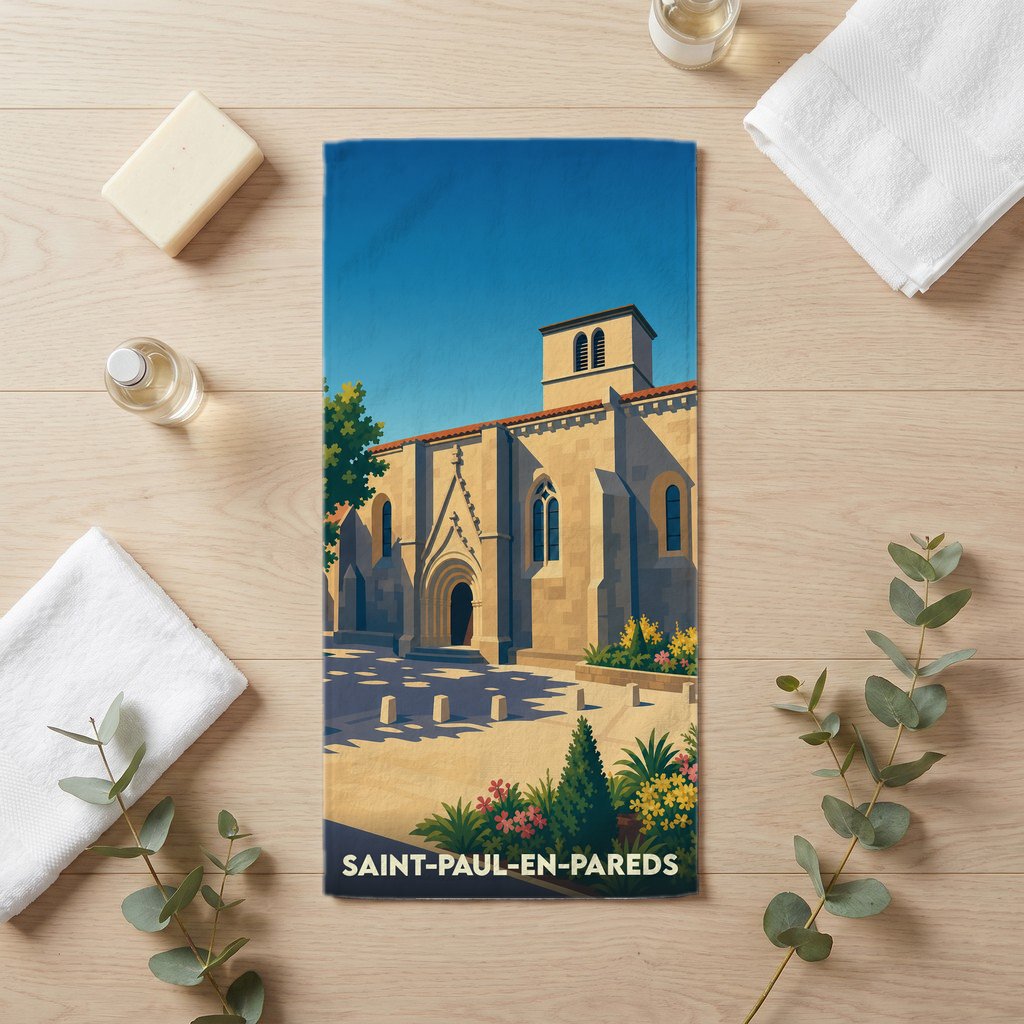 Serviette souvenir de la ville de Saint-Paul-en-Pareds avec une illustration stylisée de son église.