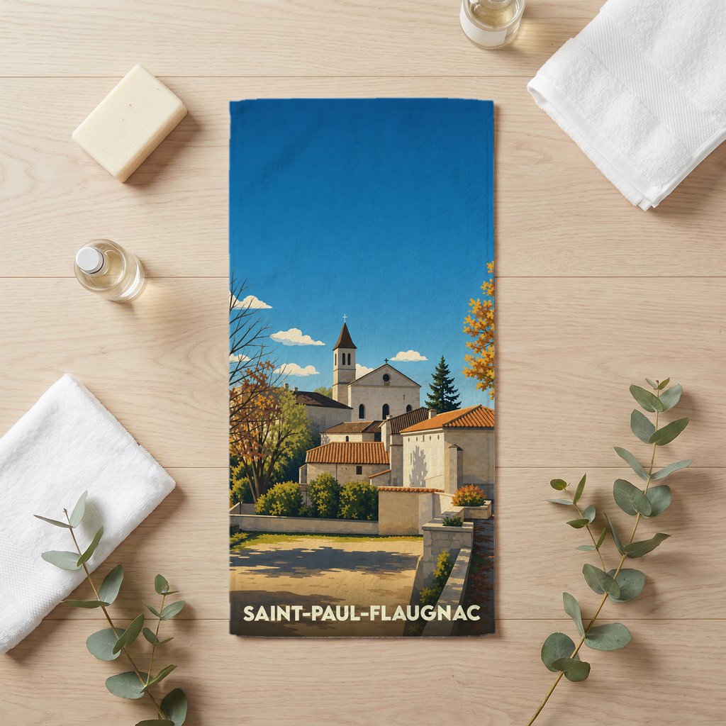 Serviette de bain souvenir de Saint-Paul-Flaugnac illustrée par une vue stylisée du village sous un ciel bleu.