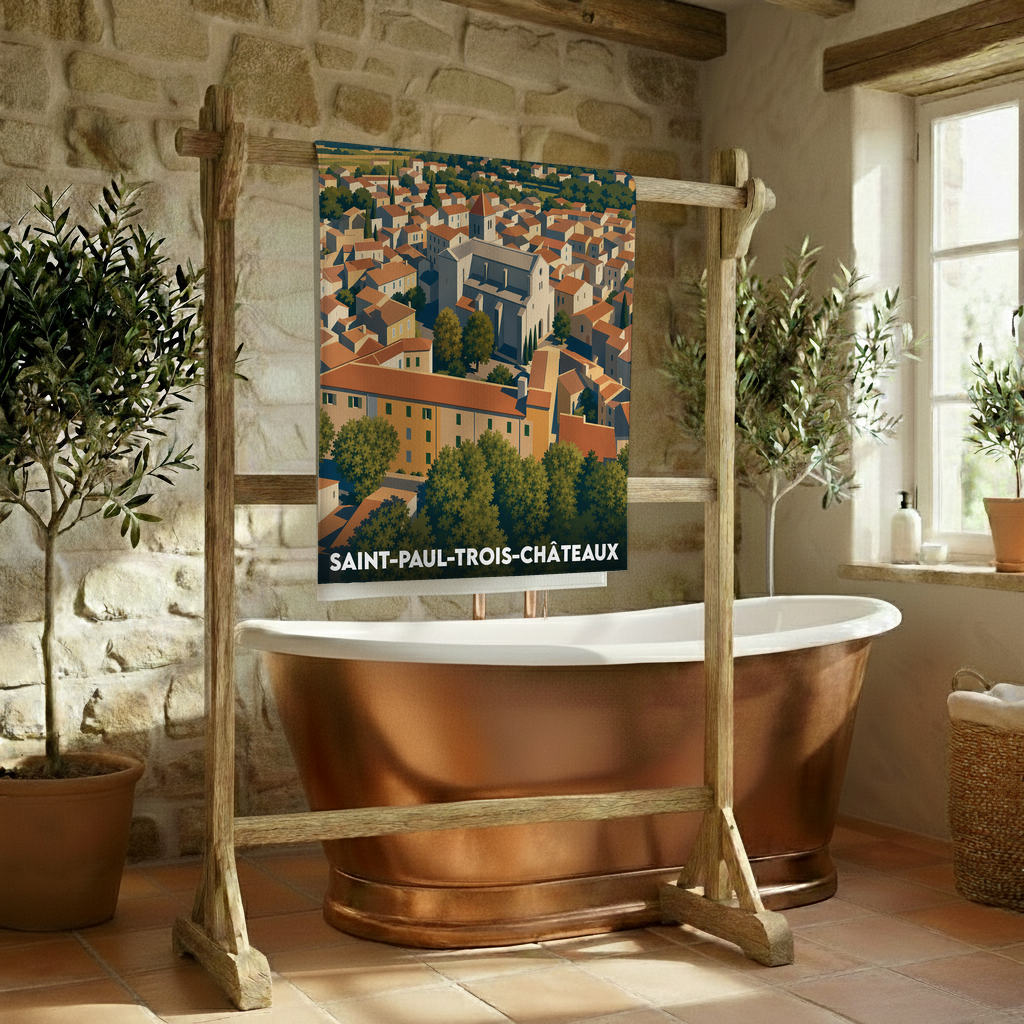 Serviette de bain souvenir de la ville de Saint-Paul-Trois-Châteaux avec une illustration stylisée.