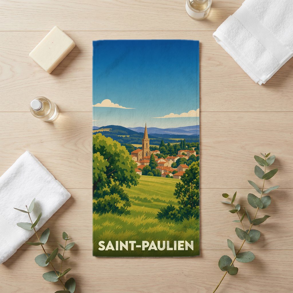 Serviette de bain souvenir de la ville de Saint-Paulien avec une illustration stylisée de son paysage et de son église.