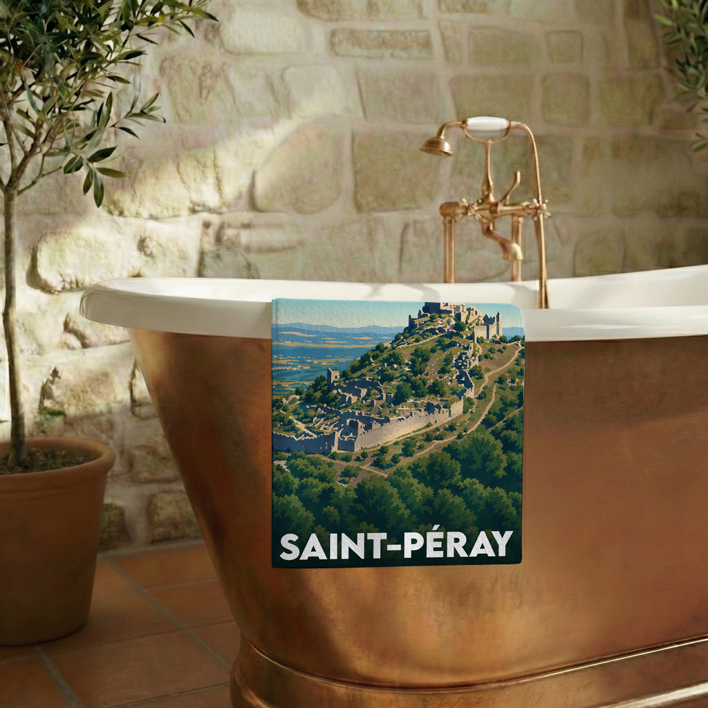 Serviette de bain souvenir de la ville de Saint-Péray avec une illustration stylisée.