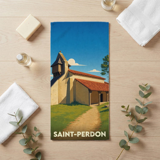 Serviette de bain souvenir de la ville de Saint-Perdon illustrée d'une église pittoresque.