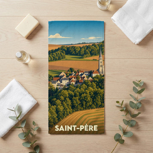 Serviette de bain souvenir de la ville de Saint-Père avec une illustration stylisée de paysages et d'un clocher.