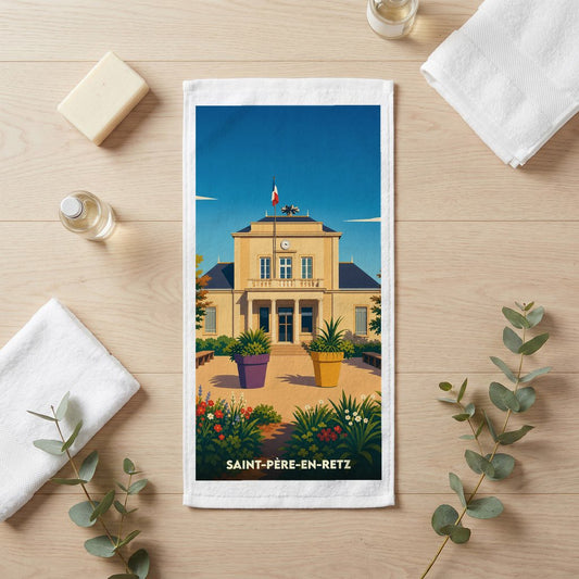 Serviette de bain souvenir de la ville de Saint-Père-en-Retz avec une illustration stylisée de sa mairie.