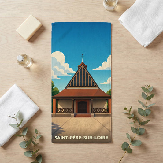 Serviette de bain souvenir de Saint-Père-sur-Loire illustrée d'un bâtiment stylisé sous un ciel bleu.