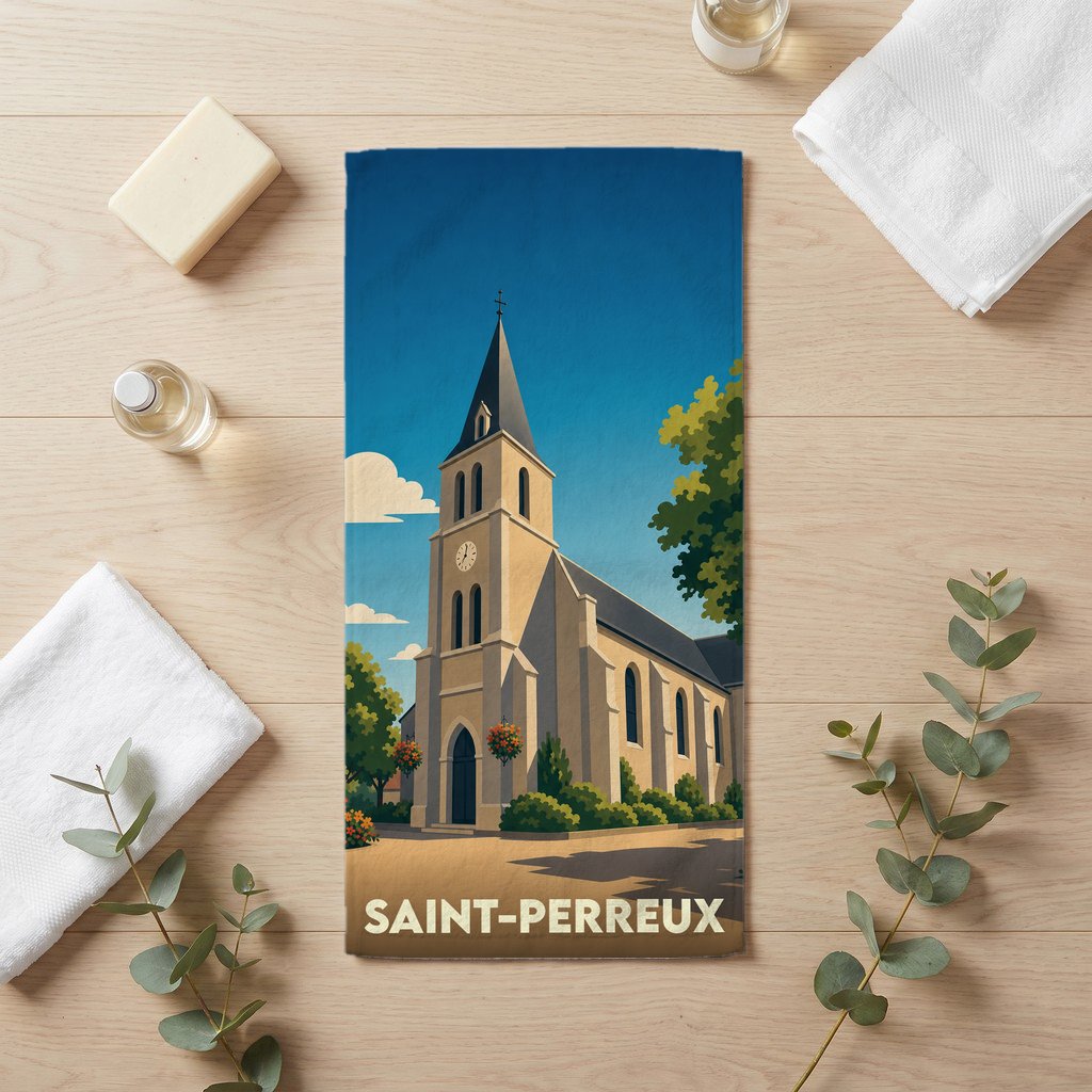 Serviette de bain souvenir de la ville de Saint-Perreux avec une illustration stylisée d'église.