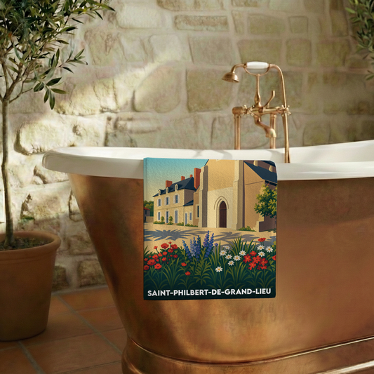 Serviette de bain souvenir de Saint-Philbert-de-Grand-Lieu avec une illustration stylisée.