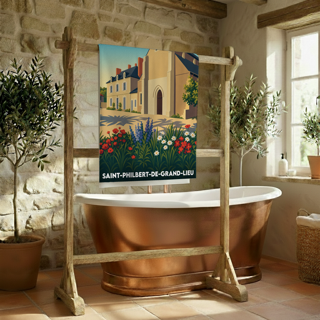 Serviette de bain souvenir de Saint-Philbert-de-Grand-Lieu ornée d'une illustration stylisée du patrimoine local et de fleurs.
