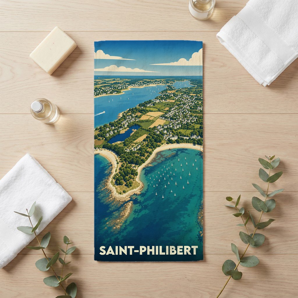 Serviette de bain souvenir de la ville de Saint-Philibert illustrée d'une vue aérienne stylisée.