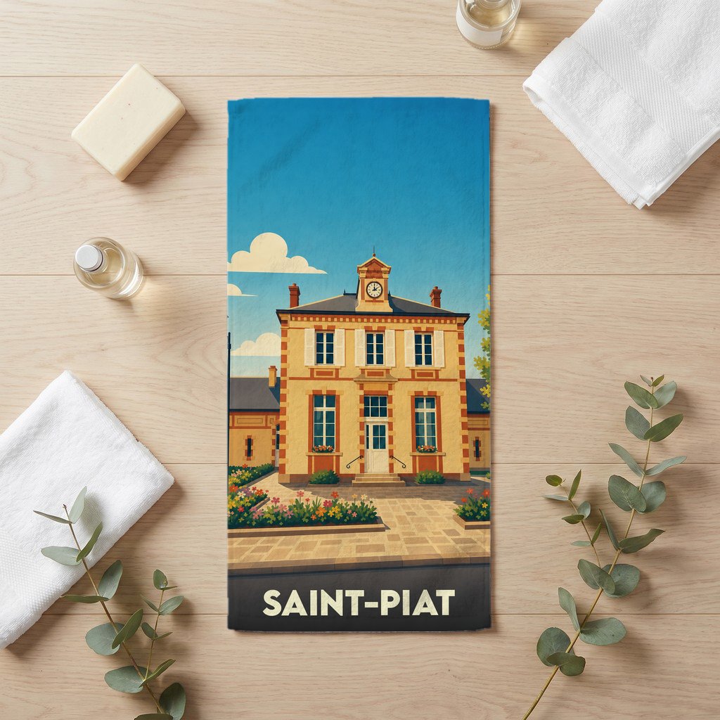 Serviette de bain souvenir de la ville de Saint-Piat avec une illustration stylisée de sa mairie.