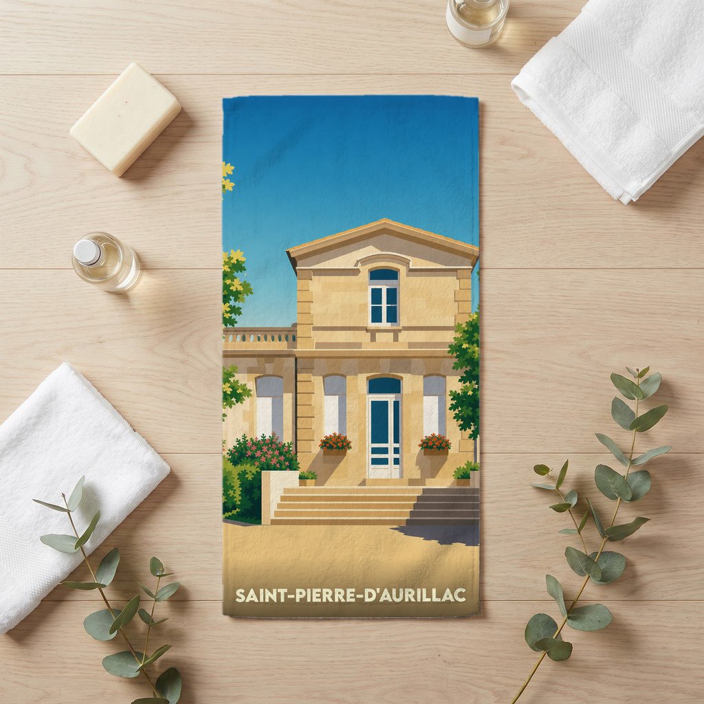 Serviette de bain souvenir de Saint-Pierre-d'Aurillac avec une illustration stylisée de la mairie.