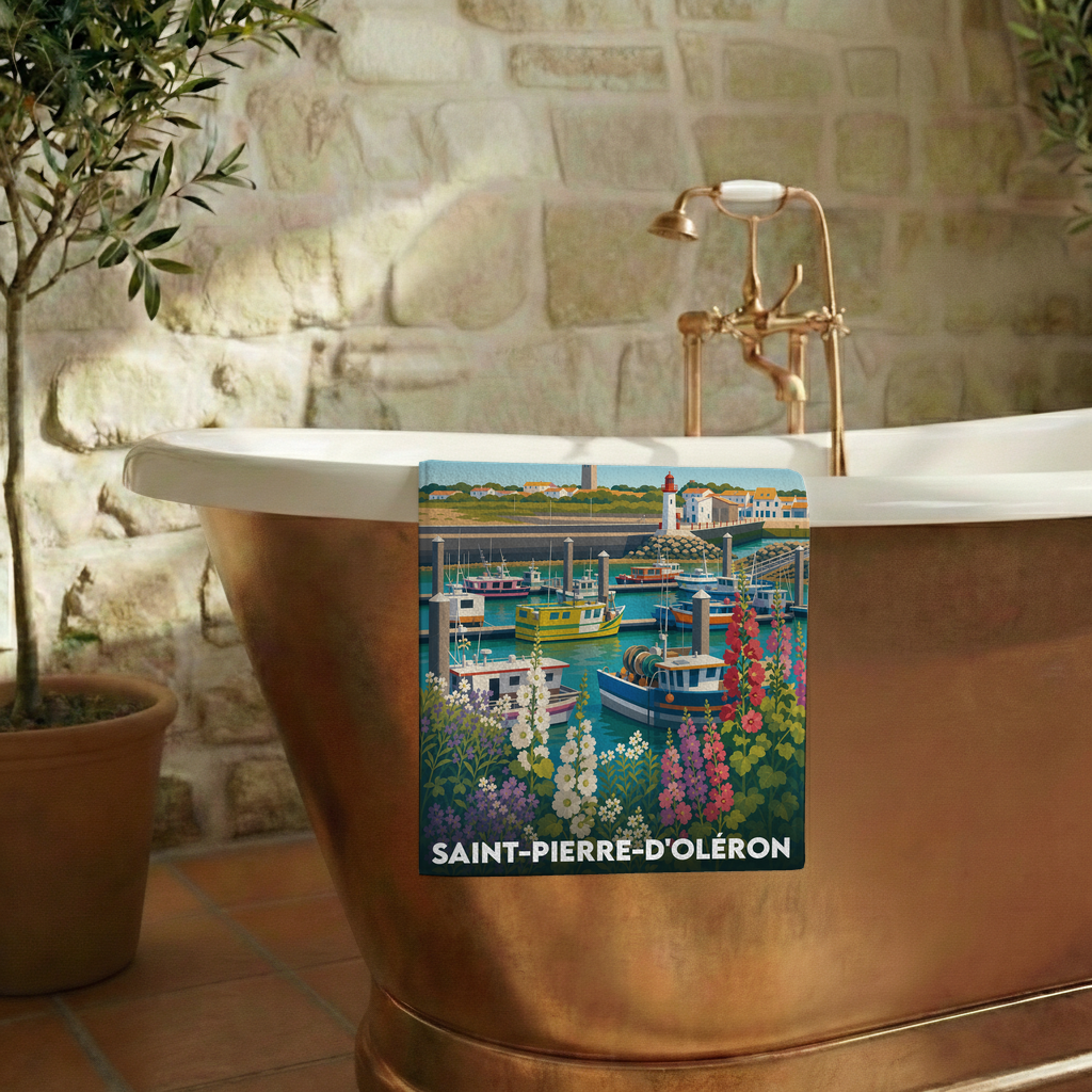 Serviette de bain souvenir de Saint-Pierre-d'Oléron avec une illustration colorée du port de pêche.