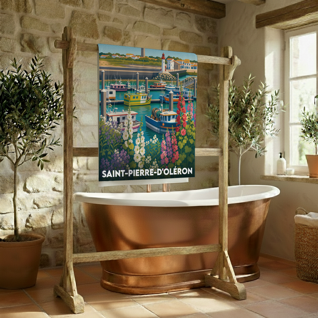 Serviette de bain souvenir de Saint-Pierre-d'Oléron avec une illustration colorée du port de pêche et de son phare.