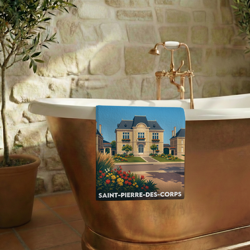 Serviette de bain souvenir de la ville de Saint-Pierre-des-Corps avec une illustration stylisée.