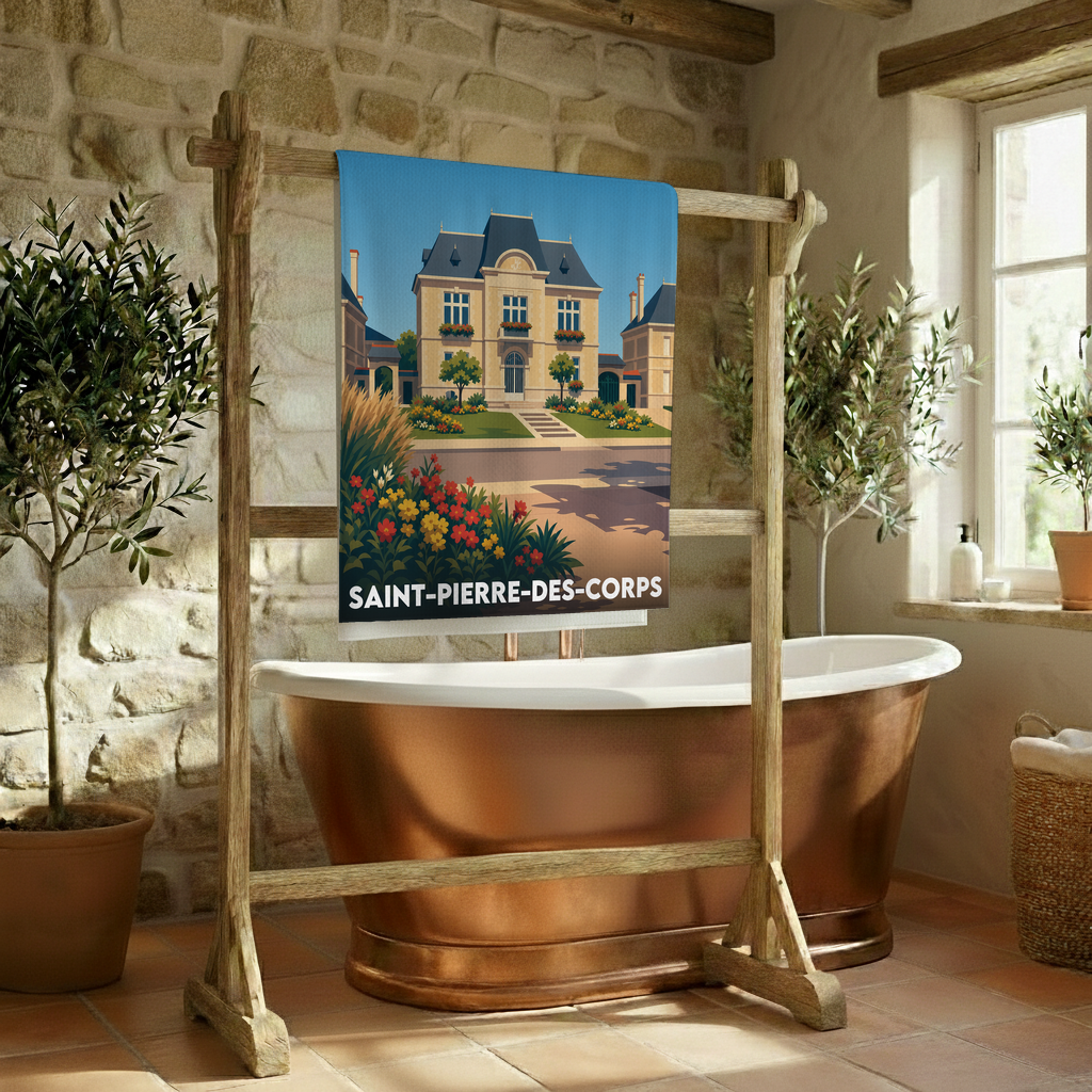 Serviette de bain souvenir de la ville de Saint-Pierre-des-Corps avec une illustration stylisée.