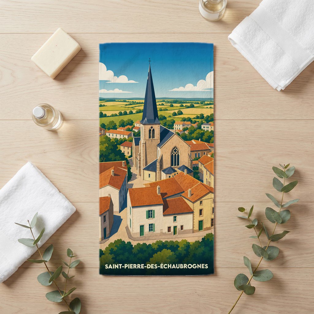 Serviette de bain souvenir de Saint-Pierre-des-Échaubrognes avec une illustration stylisée de son église et de ses toits.
