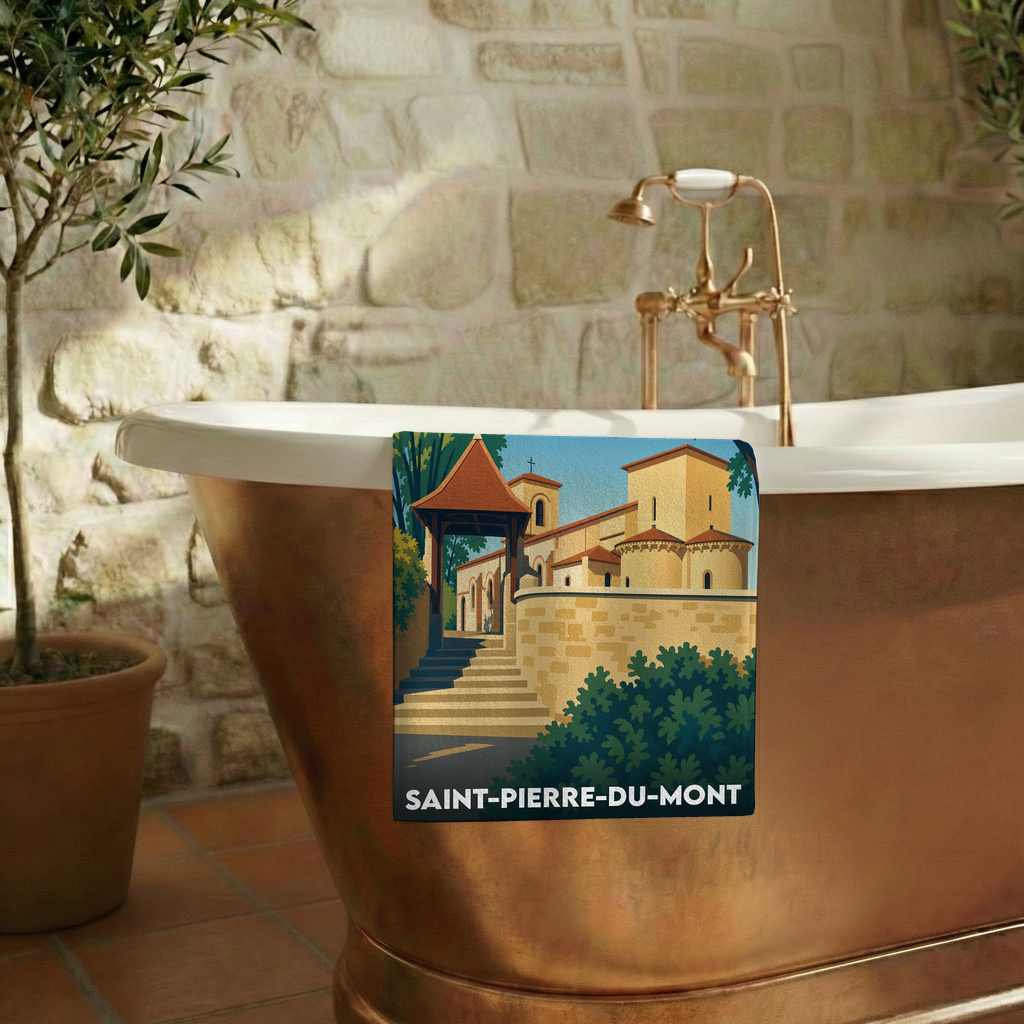 Serviette de bain souvenir de Saint-Pierre-du-Mont avec une illustration stylisée de son église.