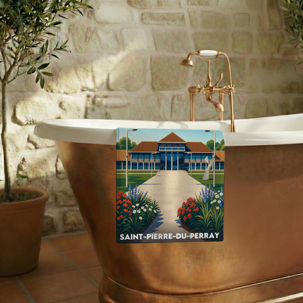 Serviette de bain souvenir de la ville de Saint-Pierre-du-Perray avec une illustration stylisée.
