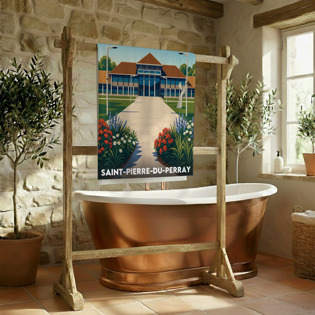 Serviette de bain souvenir de la ville de Saint-Pierre-du-Perray avec une illustration stylisée.