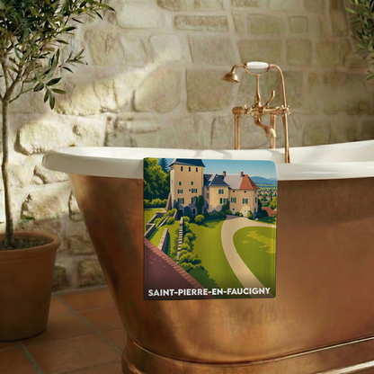 Serviette de bain souvenir de Saint-Pierre-en-Faucigny avec une illustration stylisée d'un château.