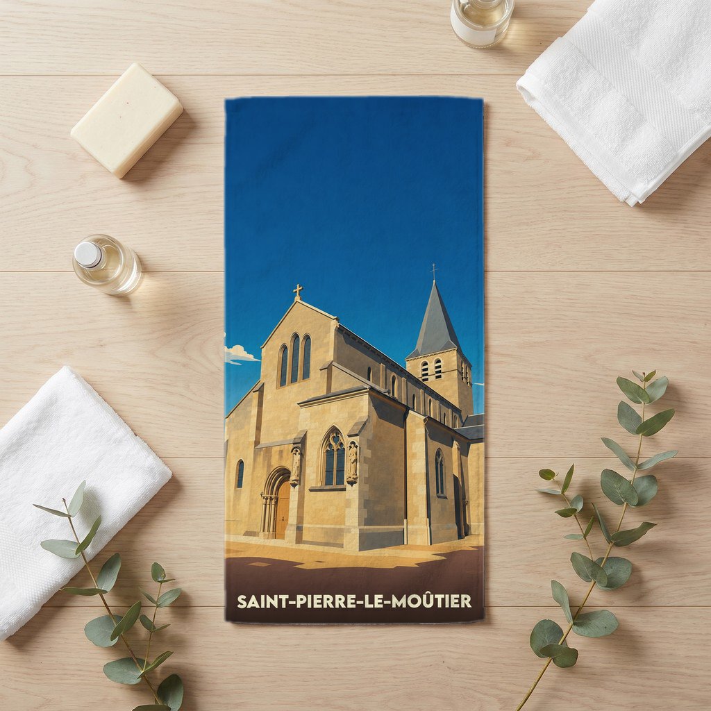 Serviette de bain souvenir de la ville de Saint-Pierre-le-Moûtier avec une illustration stylisée de son église.