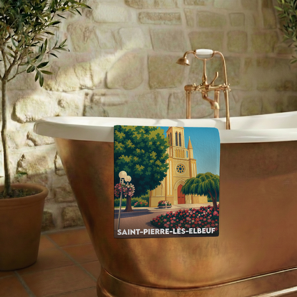 Serviette de bain souvenir de Saint-Pierre-lès-Elbeuf ornée d'une illustration stylisée de son église.