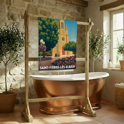 Serviette de bain souvenir de la ville de Saint-Pierre-lès-Elbeuf avec une illustration stylisée de son église.
