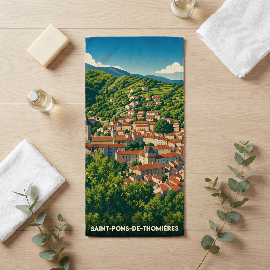 Serviette de bain souvenir de Saint-Pons-de-Thomières avec une illustration stylisée de la ville nichée dans les collines.