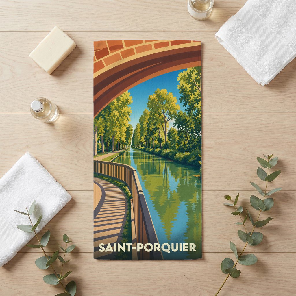 Serviette de bain souvenir de Saint-Porquier avec une illustration stylisée du canal et de son pont.