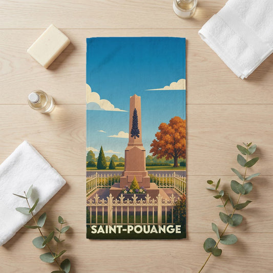 Serviette de bain souvenir de la ville de Saint-Pouange avec une illustration stylisée d'un monument historique.