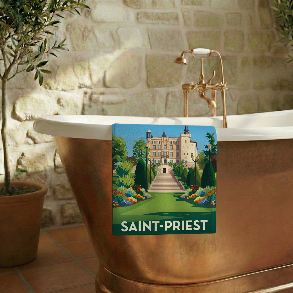 Serviette de bain souvenir de la ville de Saint-Priest avec une illustration stylisée.