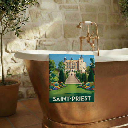 Serviette de bain souvenir de la ville de Saint-Priest avec une illustration stylisée.