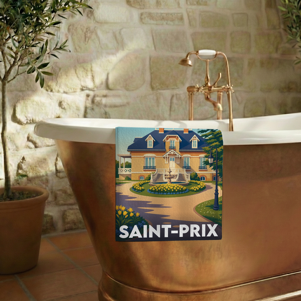Serviette de bain souvenir de la ville de Saint-Prix avec une illustration stylisée d'une demeure bourgeoise et son jardin.