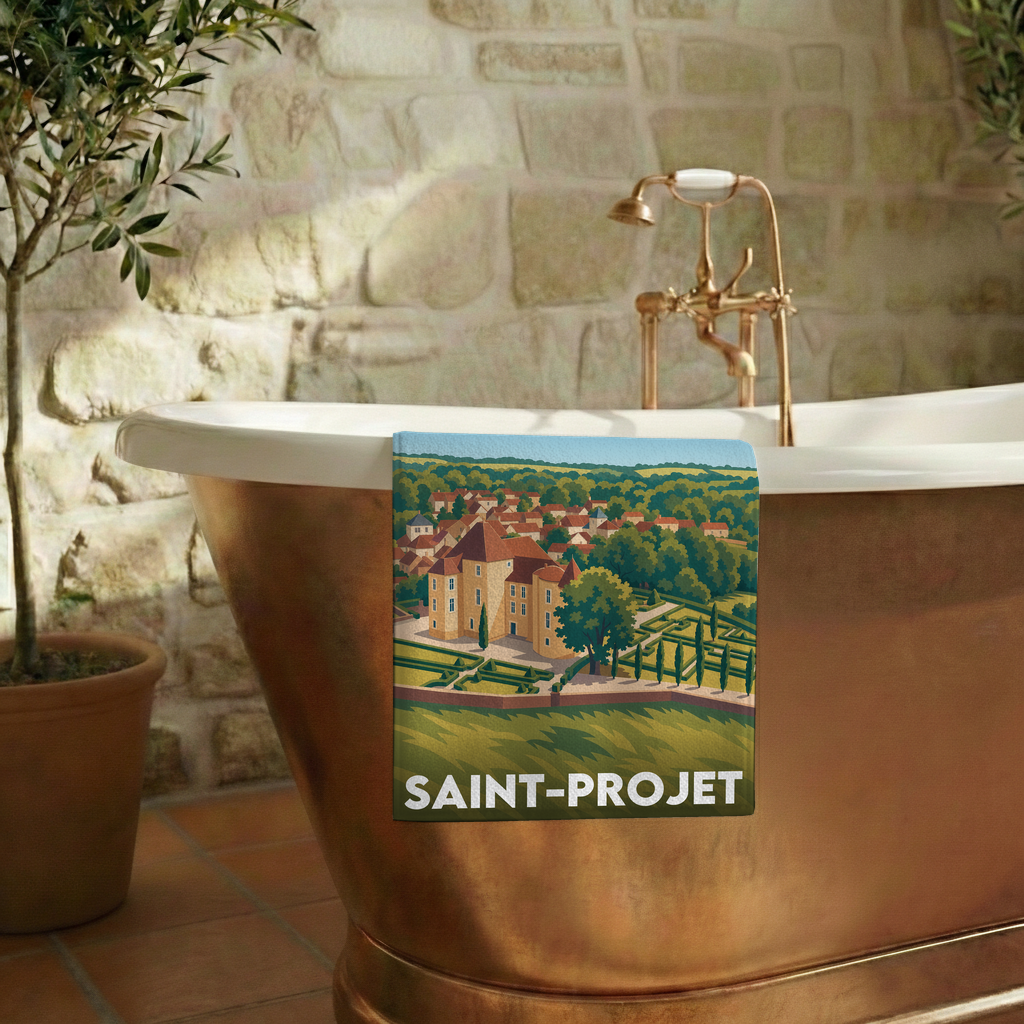 Serviette de bain souvenir de la ville de Saint-Projet avec une illustration stylisée.