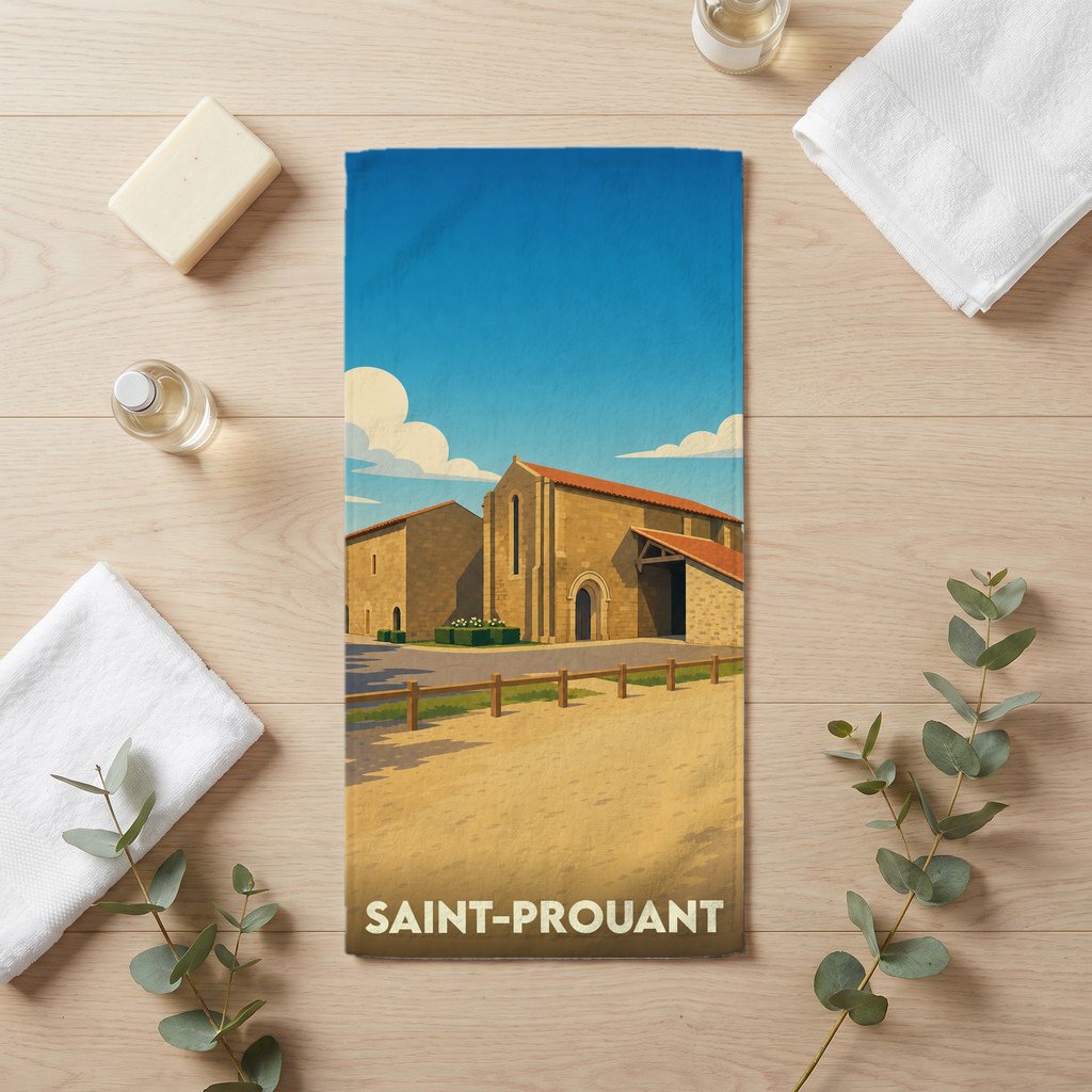 Serviette de bain souvenir de la ville de Saint-Prouant avec une illustration stylisée.
