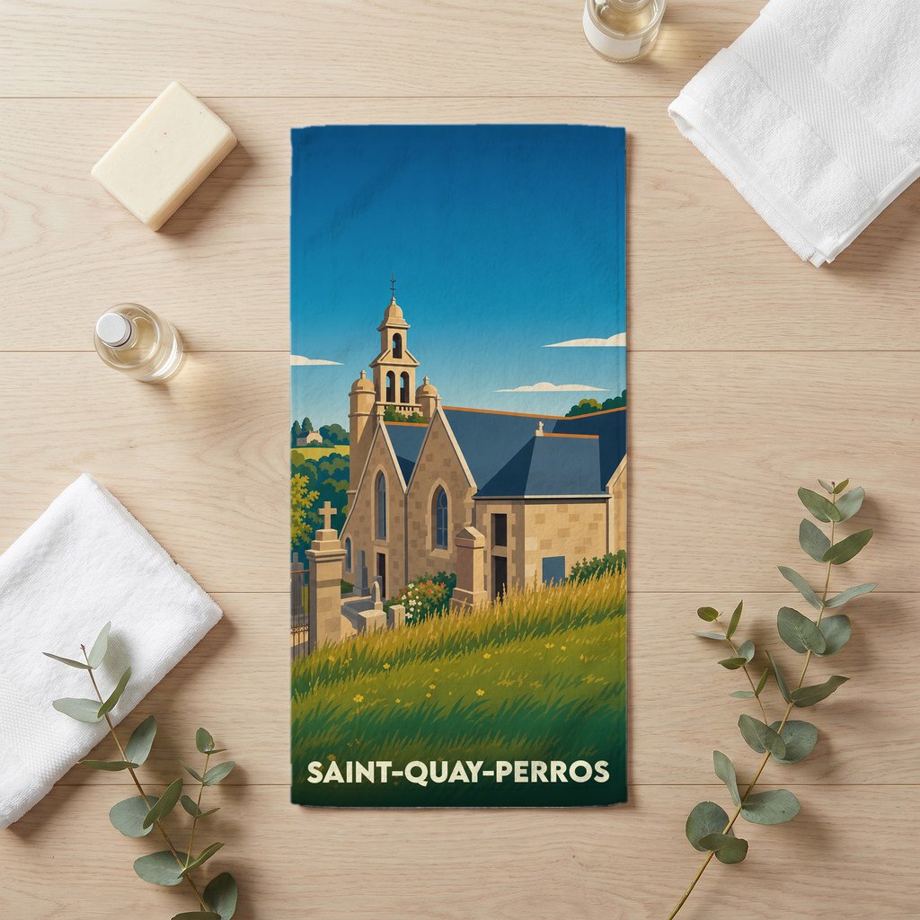 Serviette de bain souvenir de la ville de Saint-Quay-Perros avec une illustration stylisée de son église.