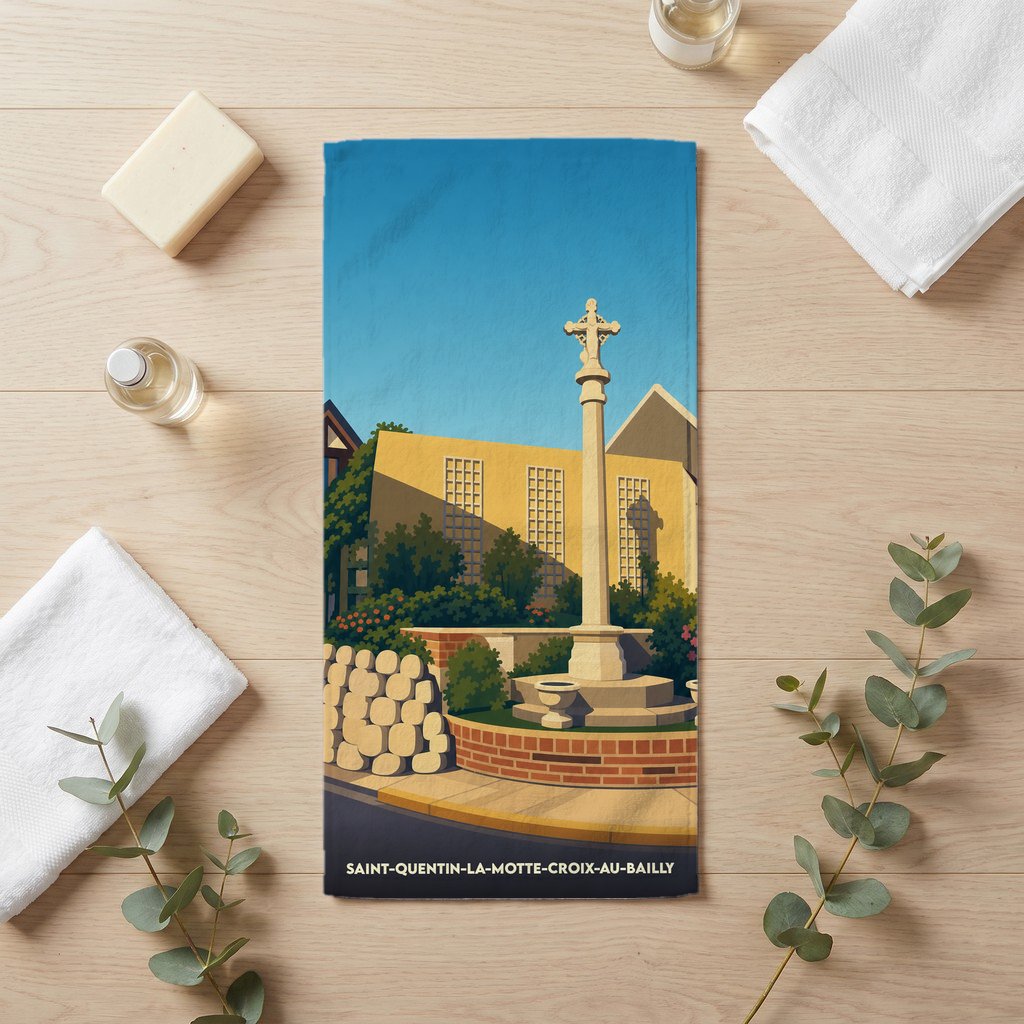 Serviette de bain souvenir de Saint-Quentin-la-Motte-Croix-au-Bailly avec une illustration stylisée.
