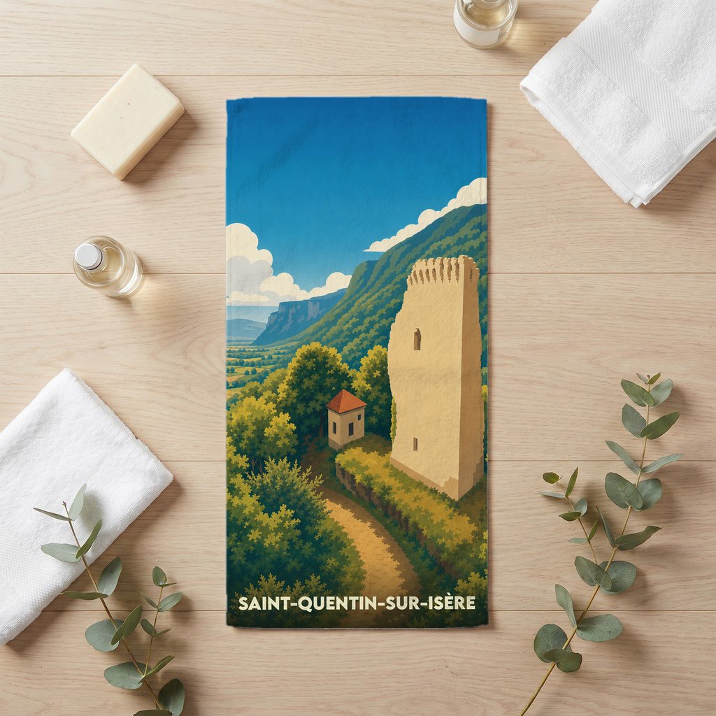 Serviette de bain souvenir de la ville de Saint-Quentin-sur-Isère avec une illustration stylisée de ses paysages et d'une tour historique.