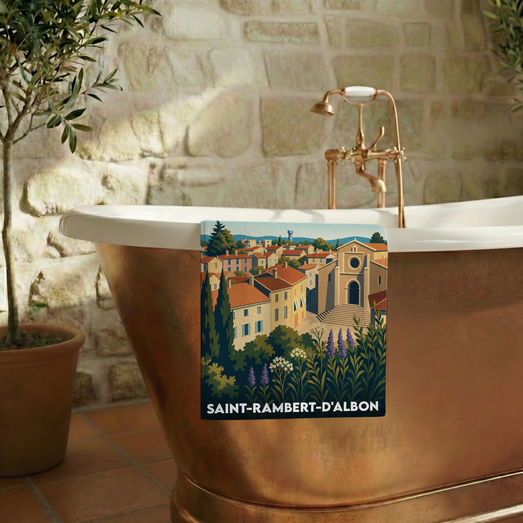 Serviette de bain souvenir de Saint-Rambert-d'Albon avec une illustration stylisée de la ville.