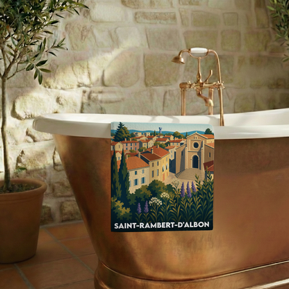 Serviette de bain souvenir de Saint-Rambert-d'Albon avec une illustration stylisée de la ville.